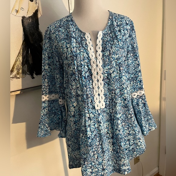 Lilly Pulitzer Blue & White Floral Print Peasant Style Blouse Top Size Small - Picture 5 of 14